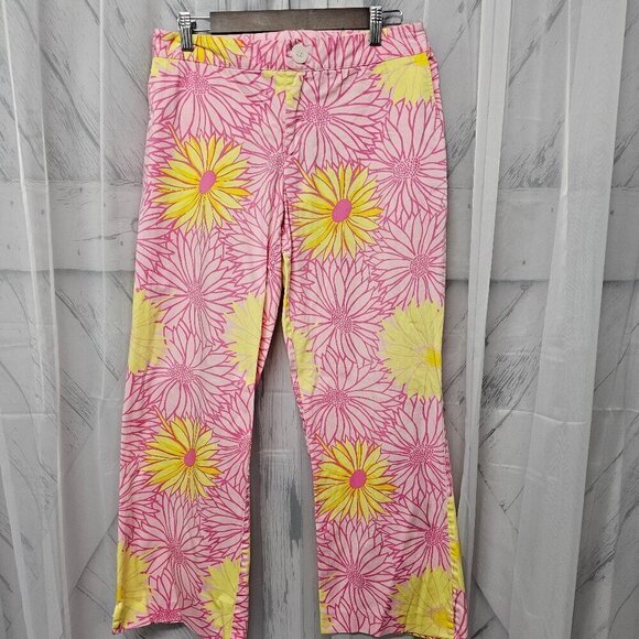 Pink Yellow Floral Chinos Wide Leg Boho Hippie Granola Festival Beach 12 - Picture 1 of 10